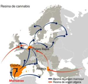 Principales flujos de tráfico de cannabis en Europa. Vía “Informe sobre los mercados de drogas en la UE”, EUROPOL