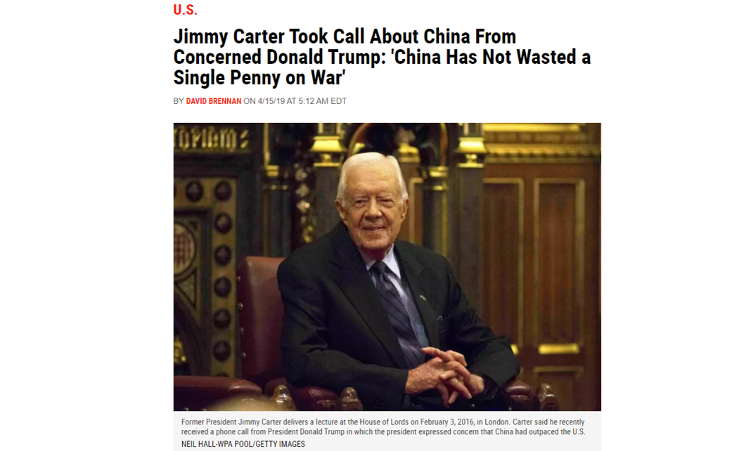 Abril de 2019: Carter a Trump: «China no ha malgastado ni un centavo en guerras»