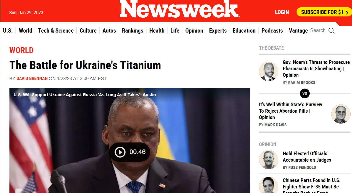 Newsweek: EE.UU. apoya a Ucrania por sus reservas de titanio