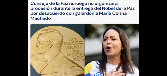 17 organizaciones pacifistas noruegas suspenden acto por Premio Nobel de la Paz a la Machado